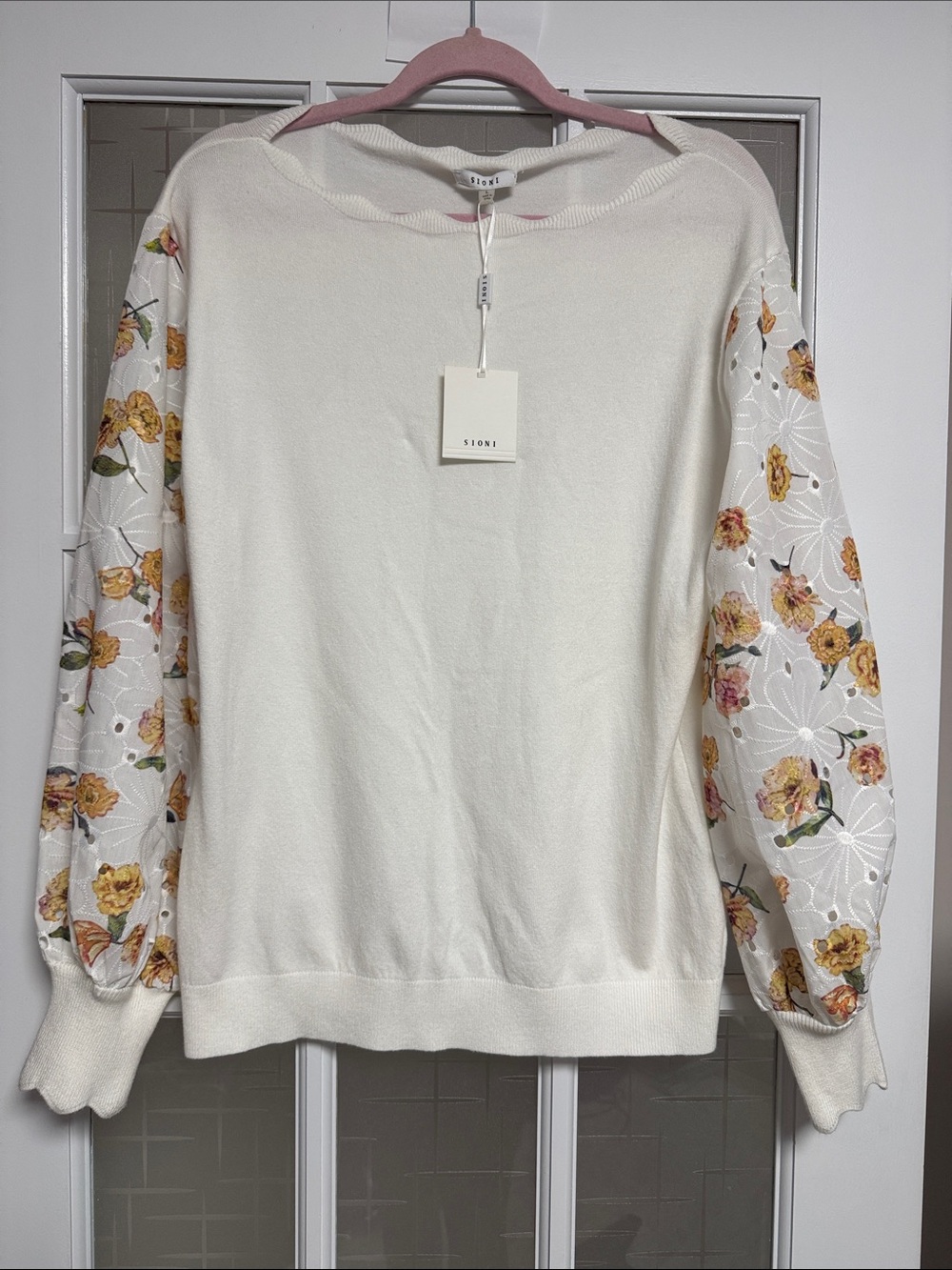 Sioni Cream Sweater with Yellow Floral Puff Sleeves